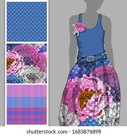 Vector set of seamless patterns with flowers, cell and polka dots for printing on clothes. A set of clothes with a print and seamless patterns. Print on T-shirts, bags and and other fashion products.