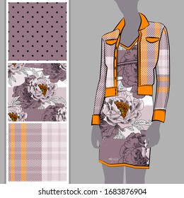 Vector set of seamless patterns with flowers, cell and polka dots for printing on clothes. A set of clothes with a print and seamless patterns. Print on T-shirts, bags and and other fashion products.