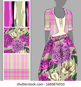 Vector set of seamless patterns with flowers, cell and polka dots for printing on clothes. A set of clothes with a print and seamless patterns. Print on T-shirts, bags and and other fashion products.