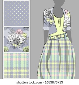 Vector set of seamless patterns with flowers, cell and polka dots for printing on clothes. A set of clothes with a print and seamless patterns. Print on T-shirts, bags and and other fashion products.