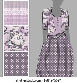 Vector set of seamless patterns with flowers and polka dots for printing on clothes. A set of clothes with a print and seamless patterns. Print on T-shirts, bags and and other fashion products.