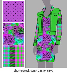 Vector set of seamless patterns with flowers, cell and polka dots for printing on clothes. A set of clothes with a print and seamless patterns. Print on T-shirts, bags and and other fashion products.