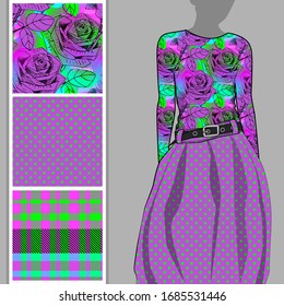 Vector set of seamless patterns with flowers, cell and polka dots for printing on clothes. A set of clothes with a print and seamless patterns. Print on T-shirts, bags and and other fashion products.