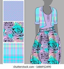 Vector set of seamless patterns with flowers, cell and polka dots for printing on clothes. A set of clothes with a print and seamless patterns. Print on T-shirts, bags and and other fashion products.