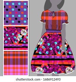 Vector set of seamless patterns with flowers, cell and polka dots for printing on clothes. A set of clothes with a print and seamless patterns. Print on T-shirts, bags and and other fashion products.