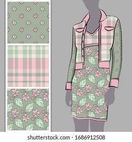 Vector set of seamless patterns with flowers and polka dots for printing on clothes. A set of clothes with a print and seamless patterns. Print on T-shirts, bags and and other fashion products.