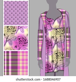 Vector set of seamless patterns with flowers, cell and polka dots for printing on clothes. A set of clothes with a print and seamless patterns. Print on T-shirts, bags and and other fashion products.