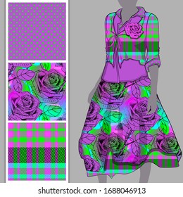 Vector set of seamless patterns with flowers, cell and polka dots for printing on clothes. A set of clothes with a print and seamless patterns. Print on T-shirts, bags and and other fashion products.