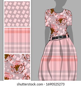 Vector set of seamless patterns with flowers, cell and polka dots for printing on clothes. A set of clothes with a print and seamless patterns. Print on T-shirts, bags and and other fashion products.