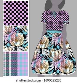 Vector set of seamless patterns with flowers, cell and polka dots for printing on clothes. A set of clothes with a print and seamless patterns. Print on T-shirts, bags and and other fashion products.