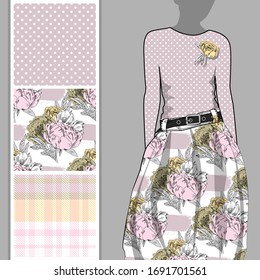 Vector set of seamless patterns with flowers, cell and polka dots for printing on clothes. A set of clothes with a print and seamless patterns. Print on T-shirts, bags and and other fashion products.