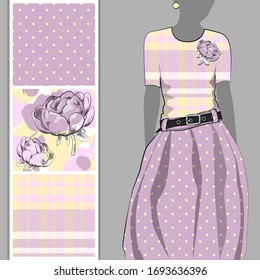 Vector set of seamless patterns with flowers, cell and polka dots for printing on clothes. A set of clothes with a print and seamless patterns. Print on T-shirts, bags and and other fashion products.