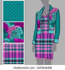 Vector set of seamless patterns with flowers, cell and polka dots for printing on clothes. A set of clothes with a print and seamless patterns. Print on T-shirts, bags and and other fashion products.