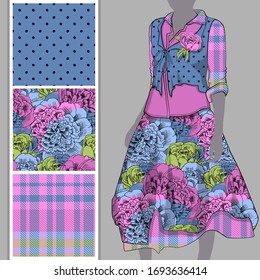 Vector set of seamless patterns with flowers, cell and polka dots for printing on clothes. A set of clothes with a print and seamless patterns. Print on T-shirts, bags and and other fashion products.