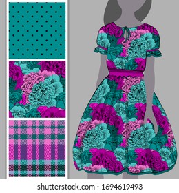 Vector set of seamless patterns with flowers, cell and polka dots for printing on clothes. A set of clothes with a print and seamless patterns. Print on T-shirts, bags and and other fashion products.