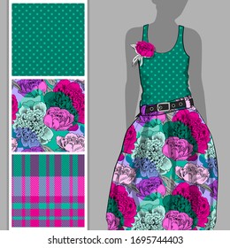 Vector set of seamless patterns with flowers, cell and polka dots for printing on clothes. A set of clothes with a print and seamless patterns. Print on T-shirts, bags and and other fashion products.