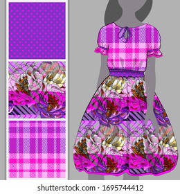 Vector set of seamless patterns with flowers, cell and polka dots for printing on clothes. A set of clothes with a print and seamless patterns. Print on T-shirts, bags and and other fashion products.
