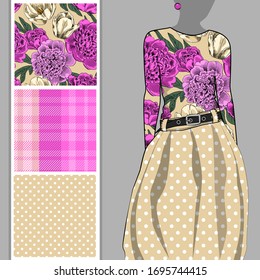 Vector set of seamless patterns with flowers, cell and polka dots for printing on clothes. A set of clothes with a print and seamless patterns. Print on T-shirts, bags and and other fashion products.