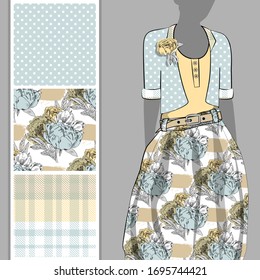 Vector set of seamless patterns with flowers, cell and polka dots for printing on clothes. A set of clothes with a print and seamless patterns. Print on T-shirts, bags and and other fashion products.