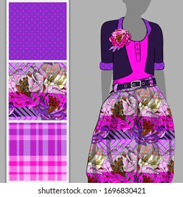 Vector set of seamless patterns with flowers, cell and polka dots for printing on clothes. A set of clothes with a print and seamless patterns. Print on T-shirts, bags and and other fashion products.