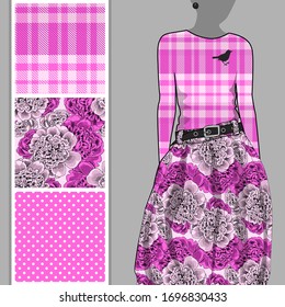 Vector set of seamless patterns with flowers, cell and polka dots for printing on clothes. A set of clothes with a print and seamless patterns. Print on T-shirts, bags and and other fashion products.