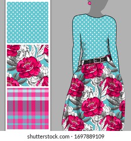 Vector set of seamless patterns with flowers, cell and polka dots for printing on clothes. A set of clothes with a print and seamless patterns. Print on T-shirts, bags and and other fashion products.