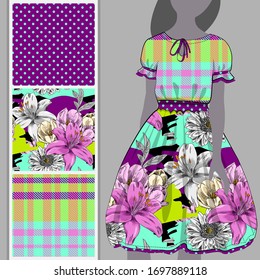 Vector set of seamless patterns with flowers, cell and polka dots for printing on clothes. A set of clothes with a print and seamless patterns. Print on T-shirts, bags and and other fashion products.
