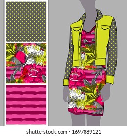 Vector set of seamless patterns with flowers, cell and polka dots for printing on clothes. A set of clothes with a print and seamless patterns. Print on T-shirts, bags and and other fashion products.