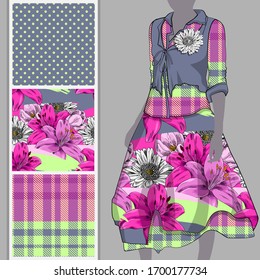 Vector set of seamless patterns with flowers, cell and polka dots for printing on clothes. A set of clothes with a print and seamless patterns. Print on T-shirts, bags and and other fashion products.