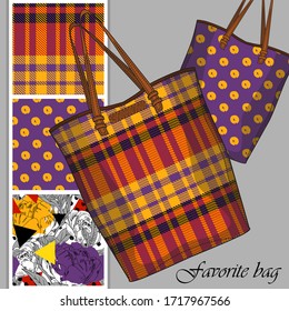 Vector set of seamless patterns with flowers, cell and polka dots for printing on bag. A set of bags with a print and seamless patterns. Print on T-shirts, bags and and other fashion products.