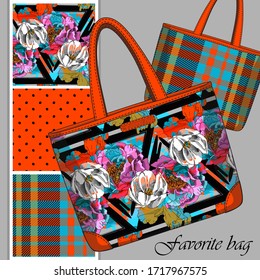 Vector set of seamless patterns with flowers, cell and polka dots for printing on bag. A set of bags with a print and seamless patterns. Print on T-shirts, bags and and other fashion products.