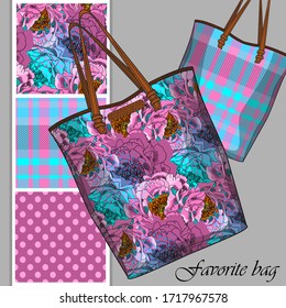 Vector set of seamless patterns with flowers, cell and polka dots for printing on bag. A set of bags with a print and seamless patterns. Print on T-shirts, bags and and other fashion products.