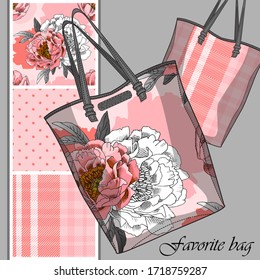 Vector set of seamless patterns with flowers, cell and polka dots for printing on bag. A set of bags with a print and seamless patterns. Print on T-shirts, bags and and other fashion products.