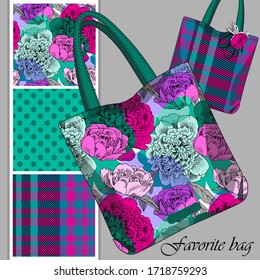 Vector set of seamless patterns with flowers, cell and polka dots for printing on bag. A set of bags with a print and seamless patterns. Print on T-shirts, bags and and other fashion products.