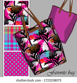 Vector set of seamless patterns with flowers, cell and polka dots for printing on bag. A set of bags with a print and seamless patterns. Print on T-shirts, bags and and other fashion products.