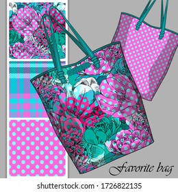 Vector set of seamless patterns with flowers, cell and polka dots for printing on bag. A set of bags with a print and seamless patterns. Print on T-shirts, bags and and other fashion products.