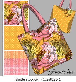 Vector set of seamless patterns with flowers, cell and polka dots for printing on bag. A set of bags with a print and seamless patterns. Print on T-shirts, bags and and other fashion products.