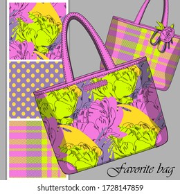 Vector set of seamless patterns with flowers, cell and polka dots for printing on bag. A set of bags with a print and seamless patterns. Print on T-shirts, bags and and other fashion products.