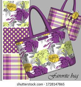 Vector set of seamless patterns with flowers, cell and polka dots for printing on bag. A set of bags with a print and seamless patterns. Print on T-shirts, bags and and other fashion products.