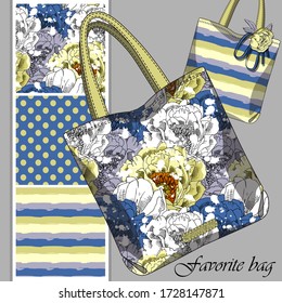 Vector set of seamless patterns with flowers, cell and polka dots for printing on bag. A set of bags with a print and seamless patterns. Print on T-shirts, bags and and other fashion products.