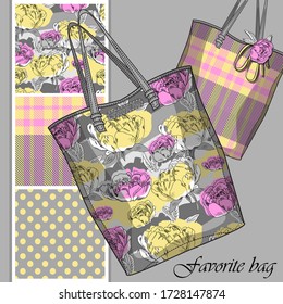Vector set of seamless patterns with flowers, cell and polka dots for printing on bag. A set of bags with a print and seamless patterns. Print on T-shirts, bags and and other fashion products.