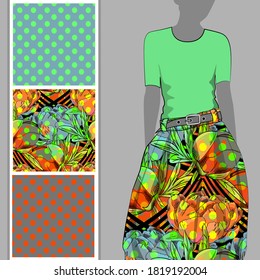 Vector set of seamless patterns with flowers for printing on clothes. A set of clothes with a print and seamless patterns. Print on T-shirts, bags and and other fashion products.