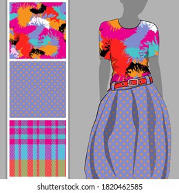 Vector set of seamless patterns with flowers for printing on clothes. A set of clothes with a print and seamless patterns. Print on T-shirts, bags and and other fashion products.
