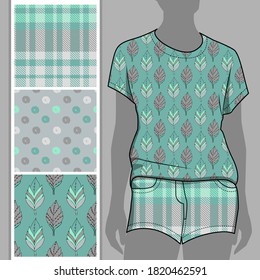 Vector set of seamless patterns with flowers for printing on clothes. A set of clothes with a print and seamless patterns. Print on T-shirts, bags and and other fashion products.
