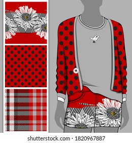 Vector set of seamless patterns with flowers for printing on clothes. A set of clothes with a print and seamless patterns. Print on T-shirts, bags and and other fashion products.