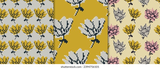 Vector set with seamless patterns with flowers. Floral backgrounds, designs. Pixel art. 