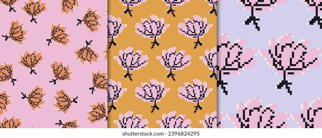 Vector set with seamless patterns with flowers. Floral backgrounds, designs. Pixel art