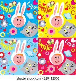 Vector set of seamless patterns with  flowers,butterflies, funny cat, rabbit in different color variations of backgrounds with the inscriptions love, smile
