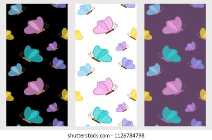 Vector set of seamless patterns with flying colored butterflies. Different colors. Eps10.