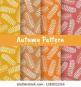 Vector set seamless patterns and frames of autumn packaging design templates with copy space for text for cosmetics, beauty products, organic and healthy food with branch leaves on colorful background